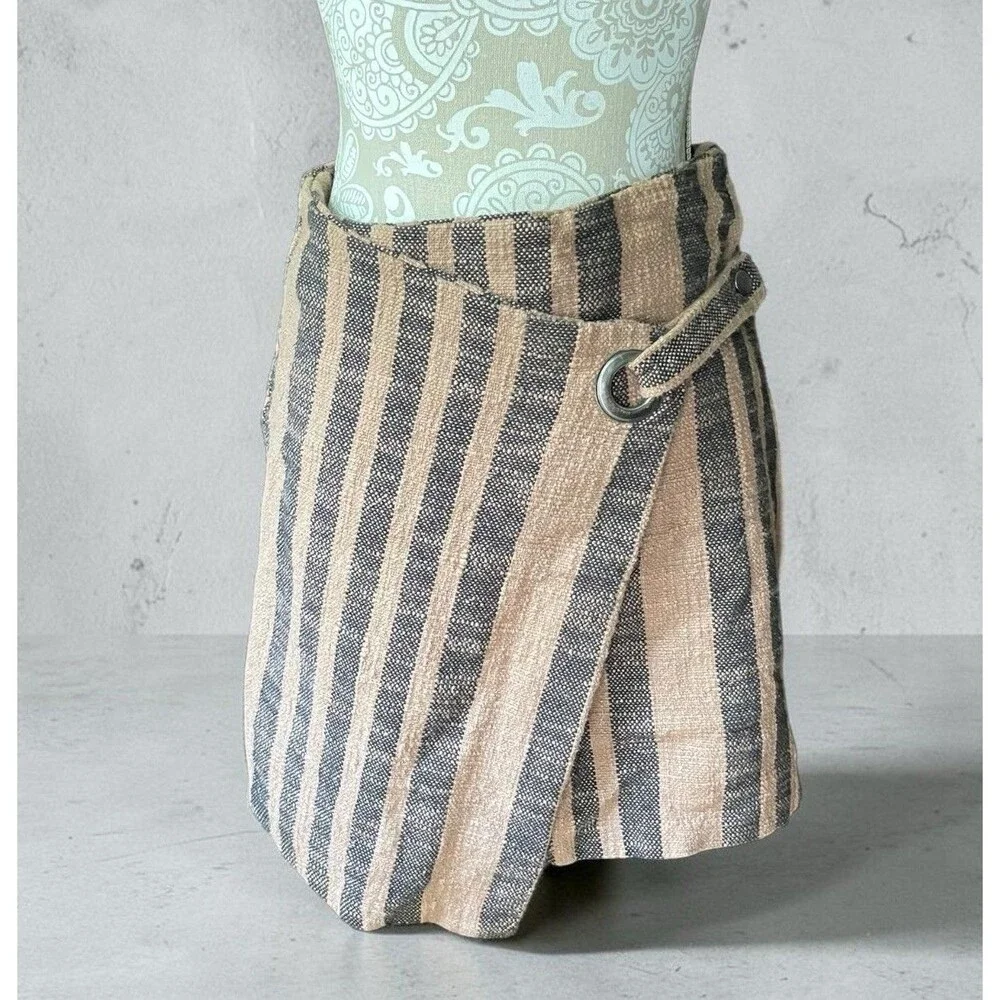 Free People Wrap Mini Skirt M Brown Stripe Asymmetrical Boho Cottage Festival